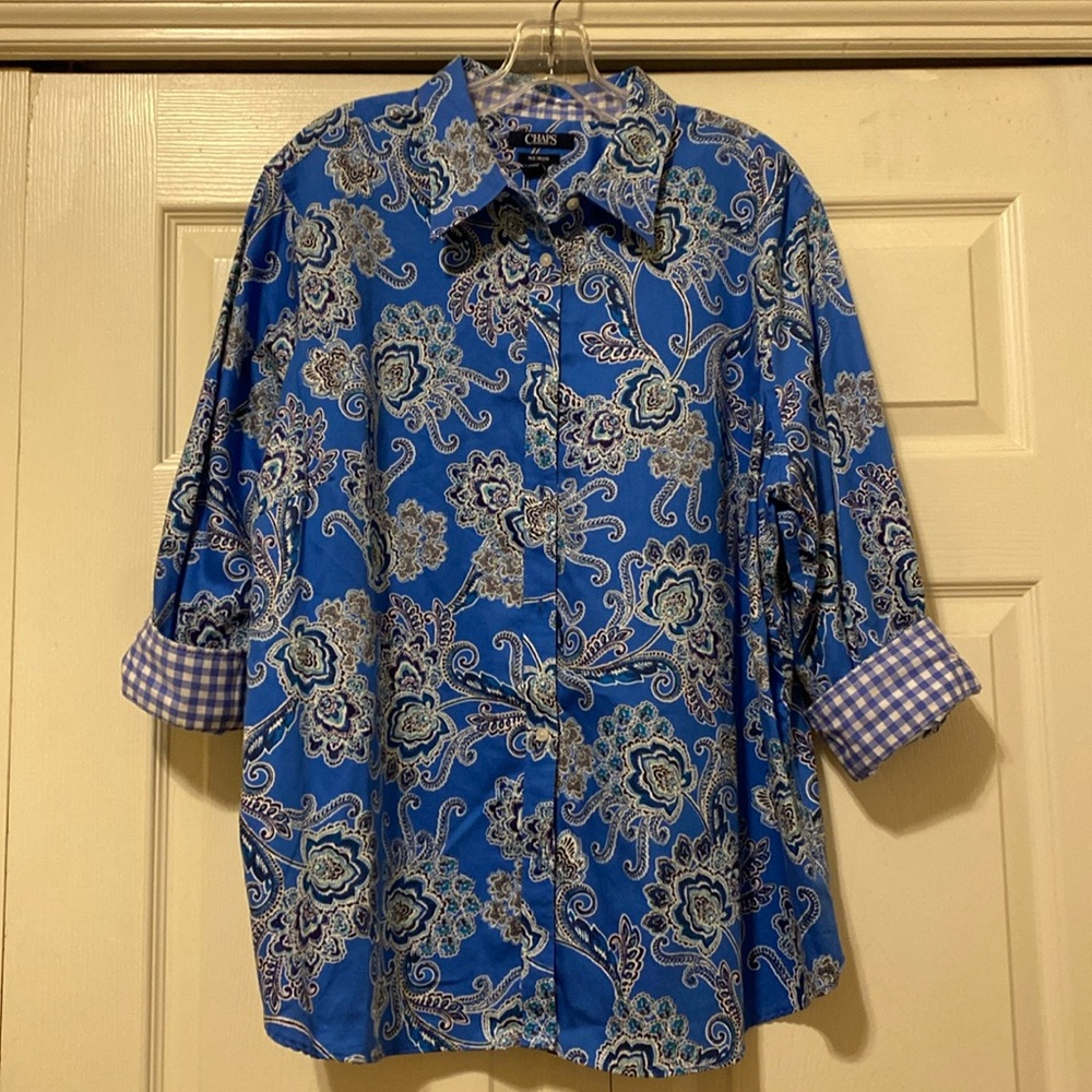 Chaps 100% cotton NO IRON button up, lg sleeve shirt. Contrasting cuffs. Size 2X - Picture 2 of 6